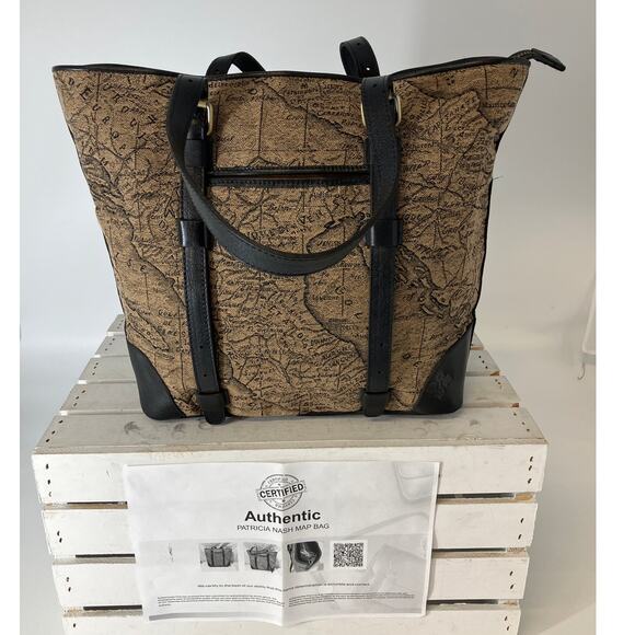PATRICIA NASH LARGE CANVAS, LEATHER MAP PRINT SHOULDER BAG - Picture 1 of 16
